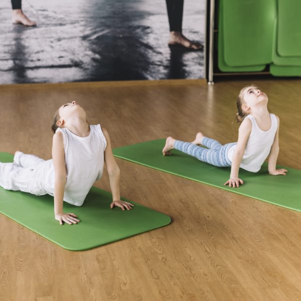 two-healthy-girl-exercising-green-mat-wooden-desk two-healthy-girl-exercising-green-mat-wooden-desk